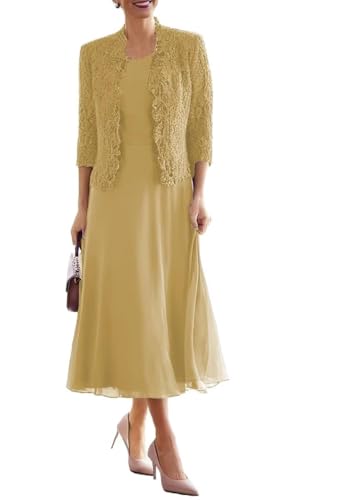 JAEDEN Brautmutterkleid mit Jacke 2 Teiler Mutter der Braut Kleider Damen Formelle Abendkleider Wadenlang Gold 54 von JAEDEN