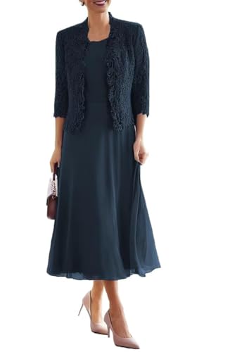 JAEDEN Brautmutterkleid mit Jacke 2 Teiler Mutter der Braut Kleider Damen Formelle Abendkleider Wadenlang Marineblau 42 von JAEDEN