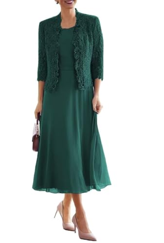 JAEDEN Brautmutterkleid mit Jacke 2 Teiler Mutter der Braut Kleider Damen Formelle Abendkleider Wadenlang Pfau 42 von JAEDEN