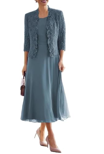 JAEDEN Brautmutterkleid mit Jacke 2 Teiler Mutter der Braut Kleider Damen Formelle Abendkleider Wadenlang Staubiges Blau 48 JAEDEN Brautmutterkleid mit Jacke 2 Teiler Mutter der Braut Kleider Damen Formelle Abendkleider Wadenlang Staubiges Blau 48 von JAEDEN