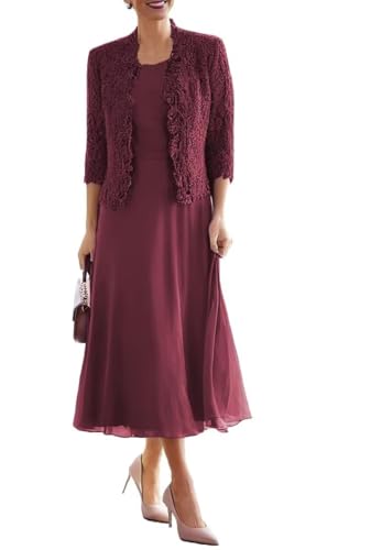 JAEDEN Brautmutterkleid mit Jacke 2 Teiler Mutter der Braut Kleider Damen Formelle Abendkleider Wadenlang Wüstenrose 42 von JAEDEN