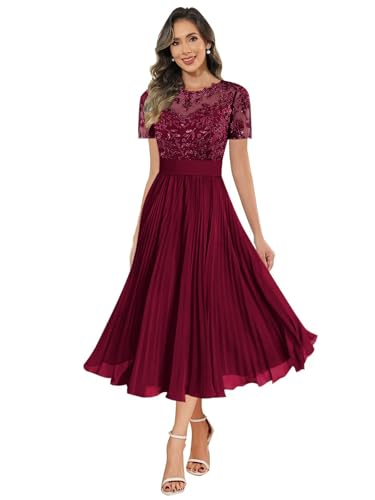 JAEDEN Brautmutterkleider Damen Spitze Abendkleider A-Linie Festliche Kleider für Hochzeitsgast Burgund 36 von JAEDEN
