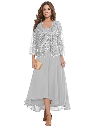 JAEDEN Brautmutterkleider Große Größen mit Jacke Damen Festliche Kleider für Hochzeit Silber 50 von JAEDEN