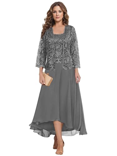 JAEDEN Brautmutterkleider Große Größen mit Jacke Damen Festliche Kleider für Hochzeit Stahlgrau 50 von JAEDEN