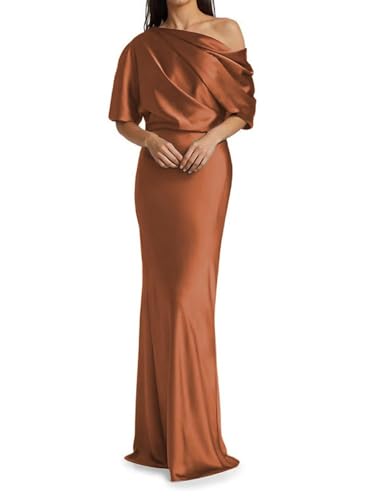 JAEDEN Brautmutterkleider Lang Satin Abendkleider Meerjungfrauen Hochzeitsgast Kleid mit Ärmel Gebranntes Orange 40 von JAEDEN