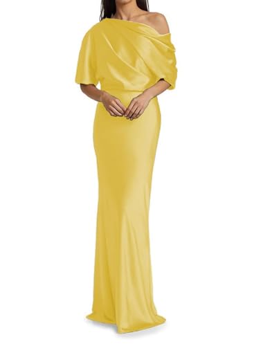 JAEDEN Brautmutterkleider Lang Satin Abendkleider Meerjungfrauen Hochzeitsgast Kleid mit Ärmel Gelb 38 von JAEDEN