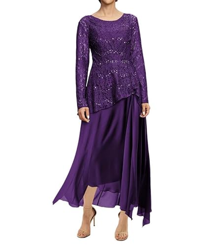 JAEDEN Brautmutterkleider Spitze Langarm Abendkleider für Hochzeit Wadenlang Hochzeitsgast Festkleid Dunkelviolett 46 von JAEDEN