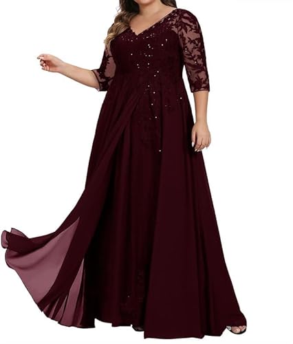 JAEDEN Brautmutterkleider für Hochzeit Große Größen Langarm Abendkleider Spitze Appliques Formelle Hochzeitsgast Kleider Dunkles Burgunder 52 von JAEDEN