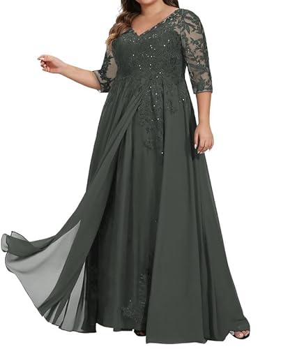 JAEDEN Brautmutterkleider für Hochzeit Große Größen Langarm Abendkleider Spitze Appliques Formelle Hochzeitsgast Kleider Grau 54 von JAEDEN