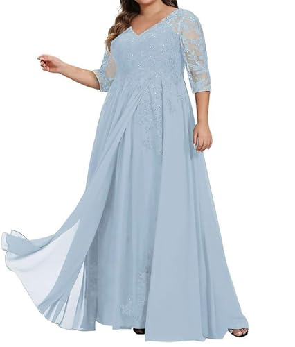 JAEDEN Brautmutterkleider für Hochzeit Große Größen Langarm Abendkleider Spitze Appliques Formelle Hochzeitsgast Kleider Himmelblau 52 von JAEDEN