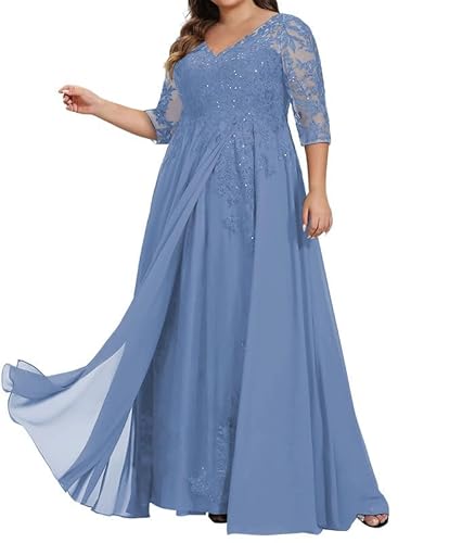 JAEDEN Brautmutterkleider für Hochzeit Große Größen Langarm Abendkleider Spitze Appliques Formelle Hochzeitsgast Kleider Staubiges Blau 54 von JAEDEN