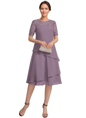 JAEDEN Brautmutterkleider für Hochzeit Knielang Spitze Abendkleid A-Linie Mutter Der Braut Kleider Mauve 46 von JAEDEN