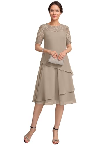 JAEDEN Brautmutterkleider für Hochzeit Knielang Spitze Abendkleid A-Linie Mutter Der Braut Kleider Taupe 42 von JAEDEN