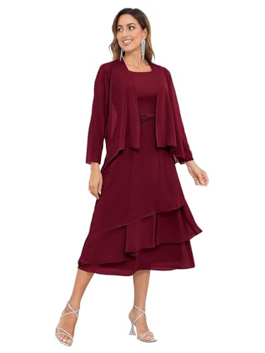 JAEDEN Brautmutterkleider für Hochzeit Knielang mit Jacke Zweiteilig Mutter der Braut Abendkleider Burgund 48 von JAEDEN