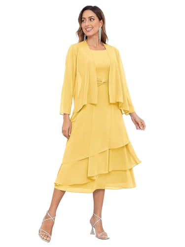 JAEDEN Brautmutterkleider für Hochzeit Knielang mit Jacke Zweiteilig Mutter der Braut Abendkleider Gelb 46 von JAEDEN