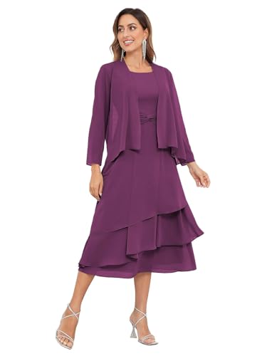 JAEDEN Brautmutterkleider für Hochzeit Knielang mit Jacke Zweiteilig Mutter der Braut Abendkleider Plum 52 von JAEDEN