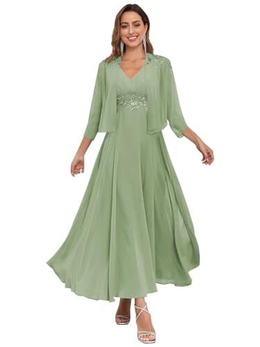 JAEDEN Brautmutterkleider für Hochzeit Knielang mit Jacke Zweiteilig Mutter der Braut Abendkleider Salbeigrün 44 von JAEDEN