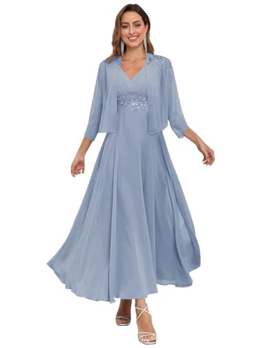 JAEDEN Brautmutterkleider für Hochzeit Knielang mit Jacke Zweiteilig Mutter der Braut Abendkleider Staubiges Blau 48 von JAEDEN