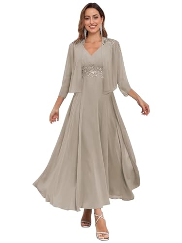 JAEDEN Brautmutterkleider für Hochzeit Knielang mit Jacke Zweiteilig Mutter der Braut Abendkleider Taupe 42 von JAEDEN