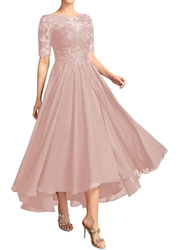 JAEDEN Brautmutterkleider für Hochzeit Wadenlang Spitze Abendkleider 1/2 Ärmel Festkleid Chiffon Hochzeitsgast Kleid Altrosa 46 von JAEDEN