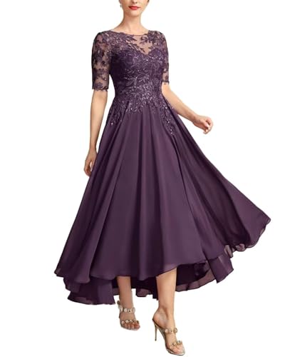 JAEDEN Brautmutterkleider für Hochzeit Wadenlang Spitze Abendkleider 1/2 Ärmel Festkleid Chiffon Hochzeitsgast Kleid Dunkelviolett 50 von JAEDEN