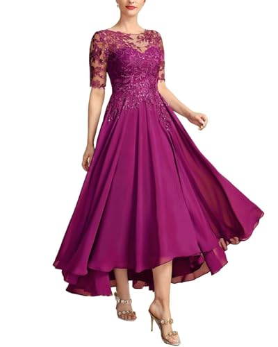 JAEDEN Brautmutterkleider für Hochzeit Wadenlang Spitze Abendkleider 1/2 Ärmel Festkleid Chiffon Hochzeitsgast Kleid Fuchsie 40 von JAEDEN