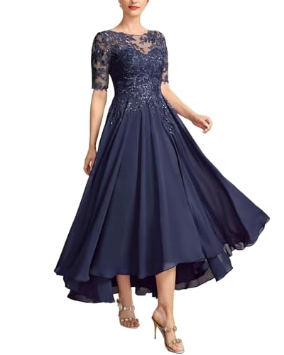 JAEDEN Brautmutterkleider für Hochzeit Wadenlang Spitze Abendkleider 1/2 Ärmel Festkleid Chiffon Hochzeitsgast Kleid Marineblau 34 von JAEDEN