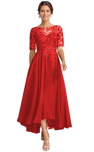 JAEDEN Brautmutterkleider für Hochzeit Wadenlang Spitze Abendkleider 1/2 Ärmel Festkleid Chiffon Hochzeitsgast Kleid Rot 44 von JAEDEN
