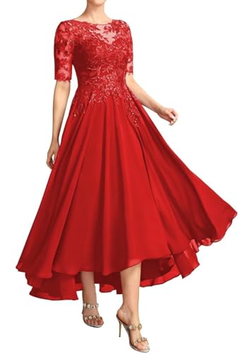 JAEDEN Brautmutterkleider für Hochzeit Wadenlang Spitze Abendkleider 1/2 Ärmel Festkleid Chiffon Hochzeitsgast Kleid Rot 50 von JAEDEN