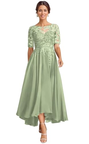 JAEDEN Brautmutterkleider für Hochzeit Wadenlang Spitze Abendkleider 1/2 Ärmel Festkleid Chiffon Hochzeitsgast Kleid Salbeigrün 42 von JAEDEN