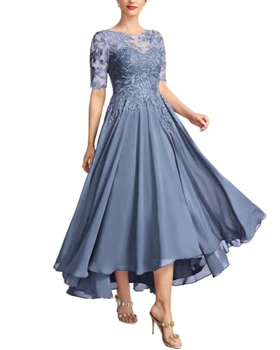 JAEDEN Brautmutterkleider für Hochzeit Wadenlang Spitze Abendkleider 1/2 Ärmel Festkleid Chiffon Hochzeitsgast Kleid Staubiges Blau 46 von JAEDEN