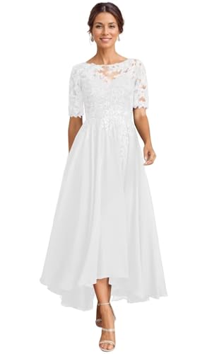 JAEDEN Brautmutterkleider für Hochzeit Wadenlang Spitze Abendkleider 1/2 Ärmel Festkleid Chiffon Hochzeitsgast Kleid Weiß 40 von JAEDEN