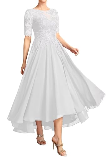 JAEDEN Brautmutterkleider für Hochzeit Wadenlang Spitze Abendkleider 1/2 Ärmel Festkleid Chiffon Hochzeitsgast Kleid Weiß 44 von JAEDEN