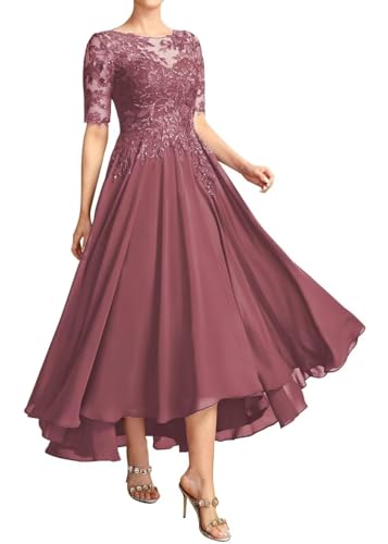 JAEDEN Brautmutterkleider für Hochzeit Wadenlang Spitze Abendkleider 1/2 Ärmel Festkleid Chiffon Hochzeitsgast Kleid Wüstenrose 50 von JAEDEN