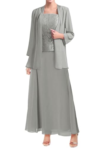 JAEDEN Brautmutterkleider für Hochzeit mit Jacke 2 Teilig Spitze Hochzeitsgast Kleid Elegant Festliche Outfit Silber 44 von JAEDEN