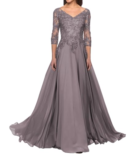 JAEDEN Brautmutterkleider mit Ärmel Spitze Abendkleider Elegant für Hochzeit V-Ausschnitt Hochzeitsgast Kleider Mauve 50 von JAEDEN