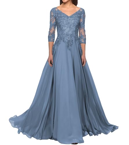 JAEDEN Brautmutterkleider mit Ärmel Spitze Abendkleider Elegant für Hochzeit V-Ausschnitt Hochzeitsgast Kleider Staubiges Blau 50 von JAEDEN