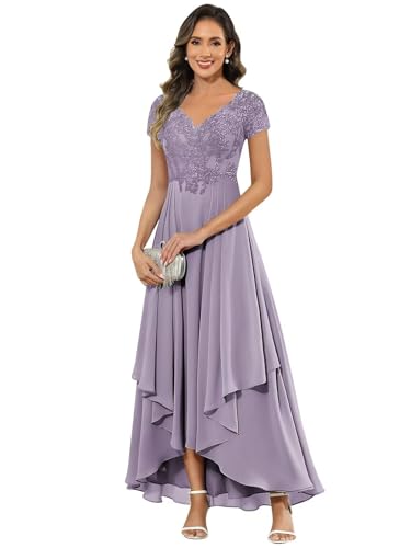 JAEDEN Brautmutterkleider mit Ärmel Spitze Elegant Abendkleid A-Linie Rüschen Hochzeitsgast Kleider Mauve 34 von JAEDEN
