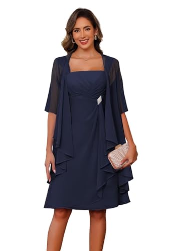 JAEDEN Brautmutterkleider mit Jacke Knielang Hochzeitsgast Kleider 2-Teiler Brautmutter Kleid Marineblau 44 von JAEDEN