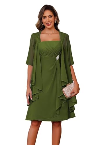 JAEDEN Brautmutterkleider mit Jacke Knielang Hochzeitsgast Kleider 2-Teiler Brautmutter Kleid Olivgrün 40 von JAEDEN