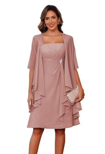 JAEDEN Brautmutterkleider mit Jacke Knielang Hochzeitsgast Kleider 2-Teiler Brautmutter Kleid Staubige Rose 36 von JAEDEN