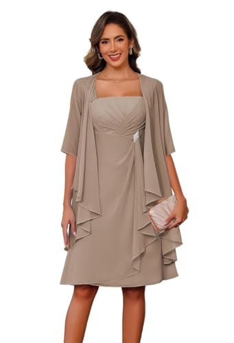 JAEDEN Brautmutterkleider mit Jacke Knielang Hochzeitsgast Kleider 2-Teiler Brautmutter Kleid Taupe 40 von JAEDEN
