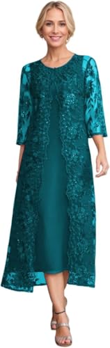 JAEDEN Brautmutterkleider mit Lange Jacke 2 Teiliges Mutter der Braut Kleider Wadenlang Festliche Kleider Teal 50 von JAEDEN