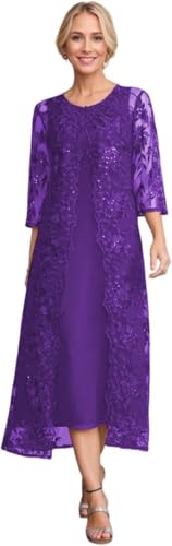 JAEDEN Brautmutterkleider mit Lange Jacke 2 Teiliges Mutter der Braut Kleider Wadenlang Festliche Kleider Violett 48 von JAEDEN
