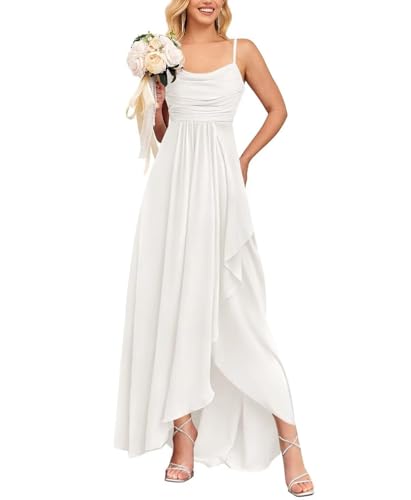 JAEDEN Chiffon Brautjungfernkleid Spaghetti-Träger Abendkleid A-Linie Festliche Kleider mit Schlitz Elfenbein 38 von JAEDEN