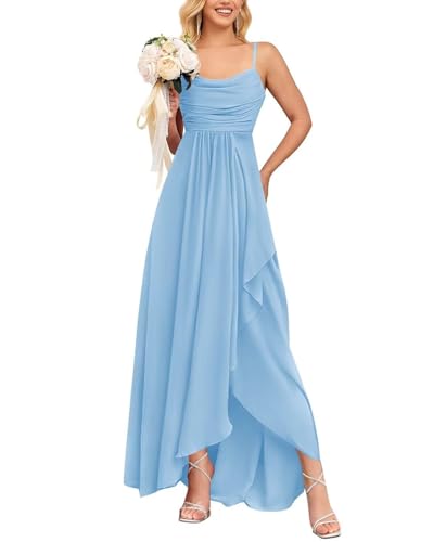JAEDEN Chiffon Brautjungfernkleid Spaghetti-Träger Abendkleid A-Linie Festliche Kleider mit Schlitz Himmelblau 36 von JAEDEN