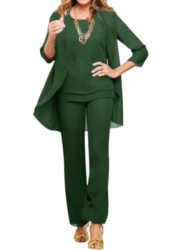 JAEDEN Chiffon Brautmutter Anzug 3 Teilig Hochzeitsgast Hosen Set Formell Mutter der Braut Hosenanzug Dunkelgrün 58 von JAEDEN