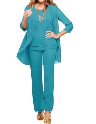 JAEDEN Chiffon Brautmutter Anzug 3 Teilig Hochzeitsgast Hosen Set Formell Mutter der Braut Hosenanzug Dunkles Türkis 48 von JAEDEN