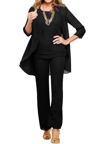 JAEDEN Chiffon Brautmutter Anzug 3 Teilig Hochzeitsgast Hosen Set Formell Mutter der Braut Hosenanzug Schwarz 44 von JAEDEN