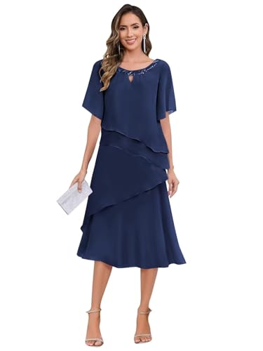 JAEDEN Chiffon Brautmutterkleider Schlichte Hochzeitsgast Kleider Knielang Abendkleider Marineblau 44 von JAEDEN